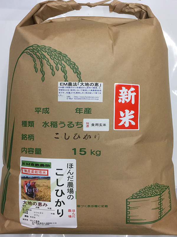 無農薬栽培米コシヒカリ「大地の恵み」15kg白米